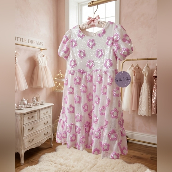 Sparkle & Shine Other - Sparkle & Shine Pink/White Sequin Floral Dress w/Puff Sleeves, Size 6, NWT